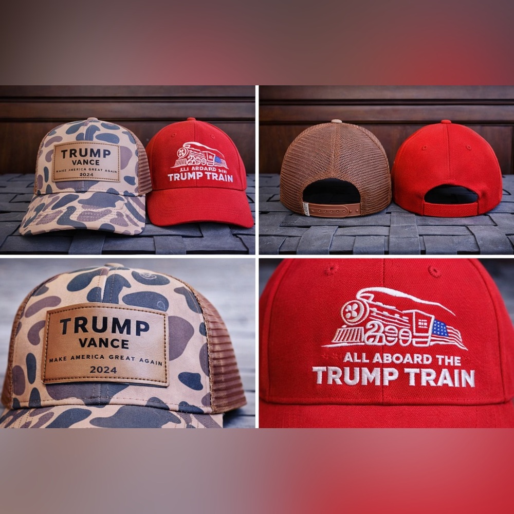 Trump Vance 2024 Trucker Hat + Trump Train 2020 Red Cap Lot of 2